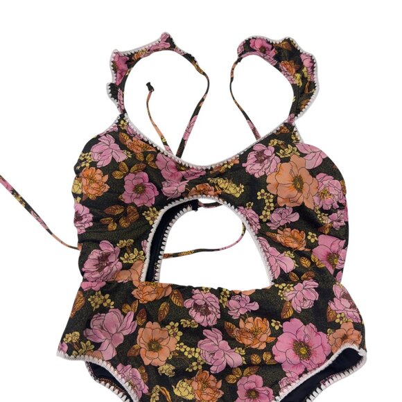 Victorias Secret Women SZ L Boho Floral Cutout Monokini Swimsuit Ruffled Straps - Picture 3 of 15